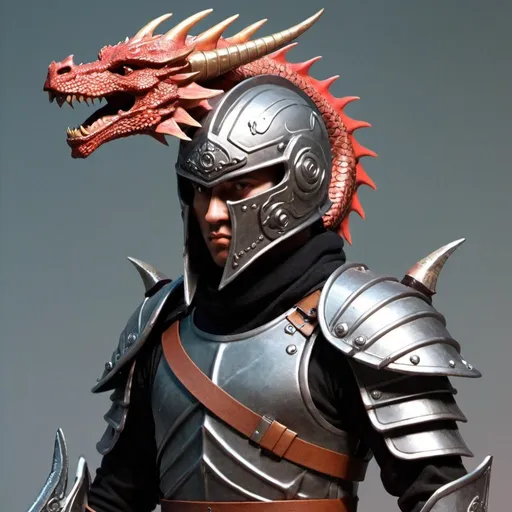 Prompt: Sci-fi swordsman with dragon helmet 