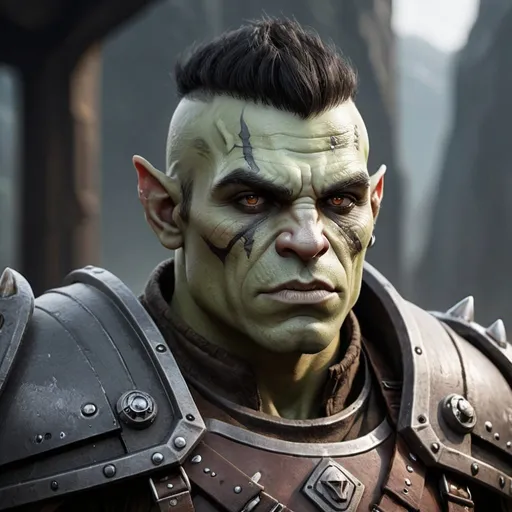 Prompt: Sci-fi half orc soldier with pale skin