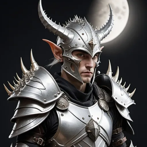 Prompt: Horned elven man with high tech armor with Knight like helmet with spiked shoulder pads with a moon emblem 