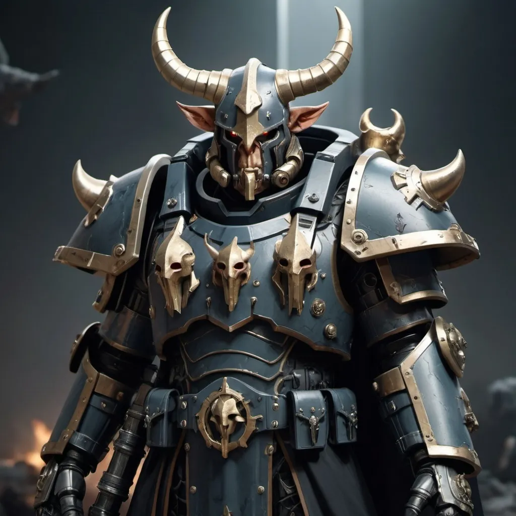 Prompt: Sci-fi soldier with horns that has norse and gothic design armor with a shoulder cape in Warhammer 40k power armor 