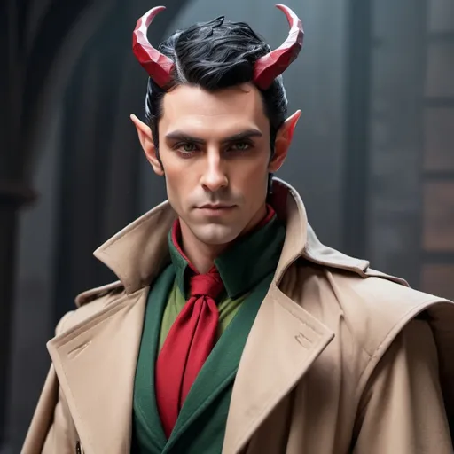 Prompt: Elf male with horns and black hair with red highlights, with a fine toned jawline and has a trench coat with a shoulder cape