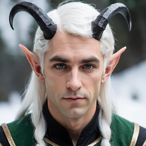 Prompt: Male elf with horns and white hair with a black stripe 