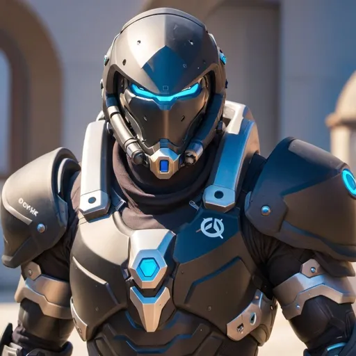 Prompt: Male overwatch soldier with Knight helmet in black 