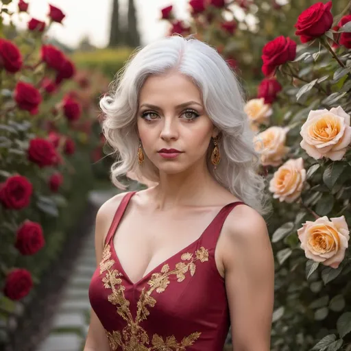 Prompt: Silver hair woman with amber eyes in a rose garden with a red and gold dress