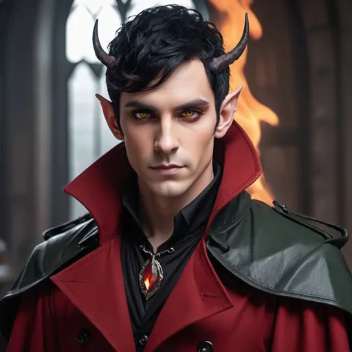 Prompt: Elf male with horns and black hair with red highlights, with a fine toned jawline and has a trench coat with a shoulder cape with gothic design that has fiery amber eyes 