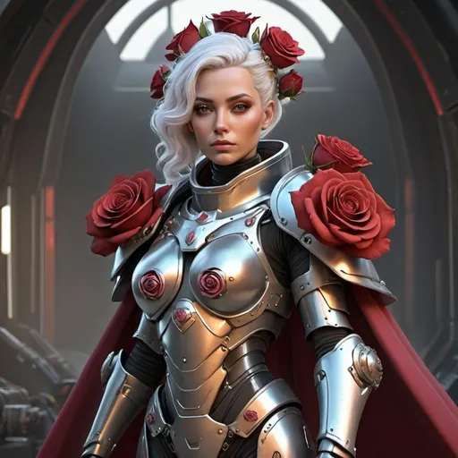 Prompt: Sci-fi female queen with power armor and a rose shoulder cape 