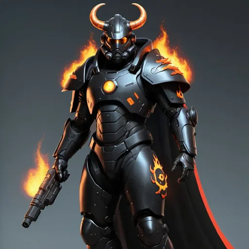 Prompt: Sci-fi male soldier in black power armor with energy cape with a bit of flame with horns