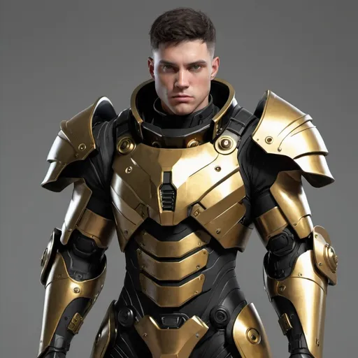 Prompt: Sci-fi male soldier with gold and black shoulder cape and power armor 