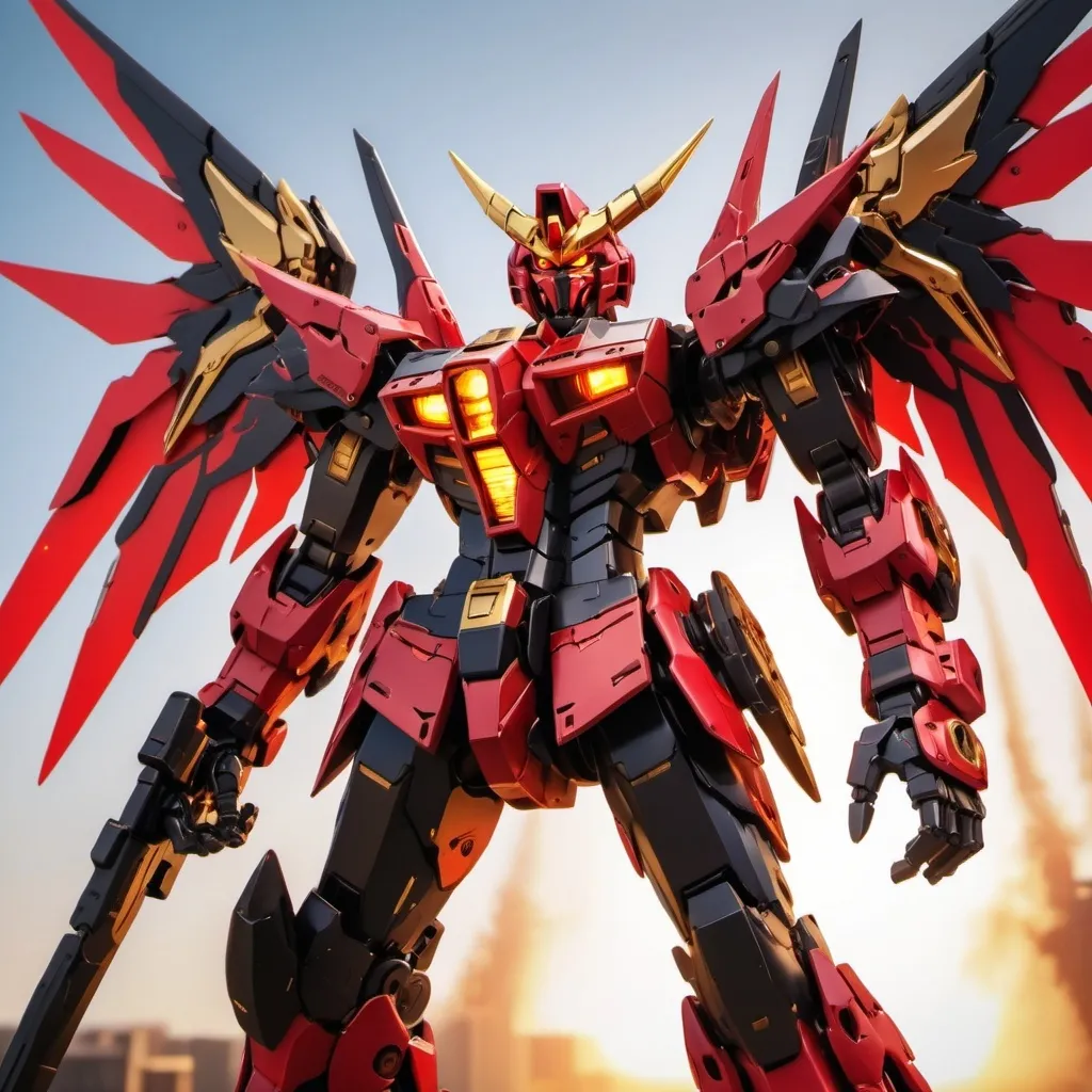 Prompt: (Devil gundam mech), impressive (red and black blazing energy wings), (dynamic action pose), intricate mechanical design, high-tech details, illuminated with (golden sunlight radiance), dramatic shadows enhancing the powerful presence, futuristic backdrop, intense atmosphere, awe-inspiring, ultra-detailed, 4K quality, visually striking composition.