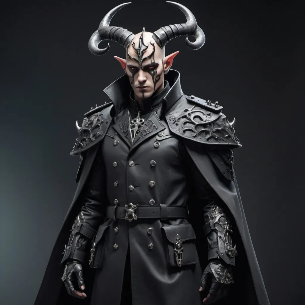 Prompt: Sci-fi soldier with horns and gothic design that has a shoulder cape and trench coat 