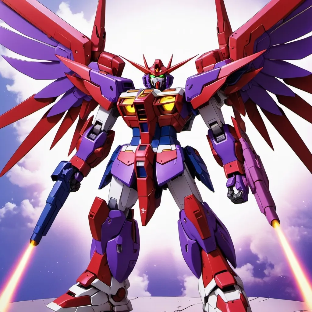 Prompt: Devil gundam mech with wings of red and purple energy blazing like the sun