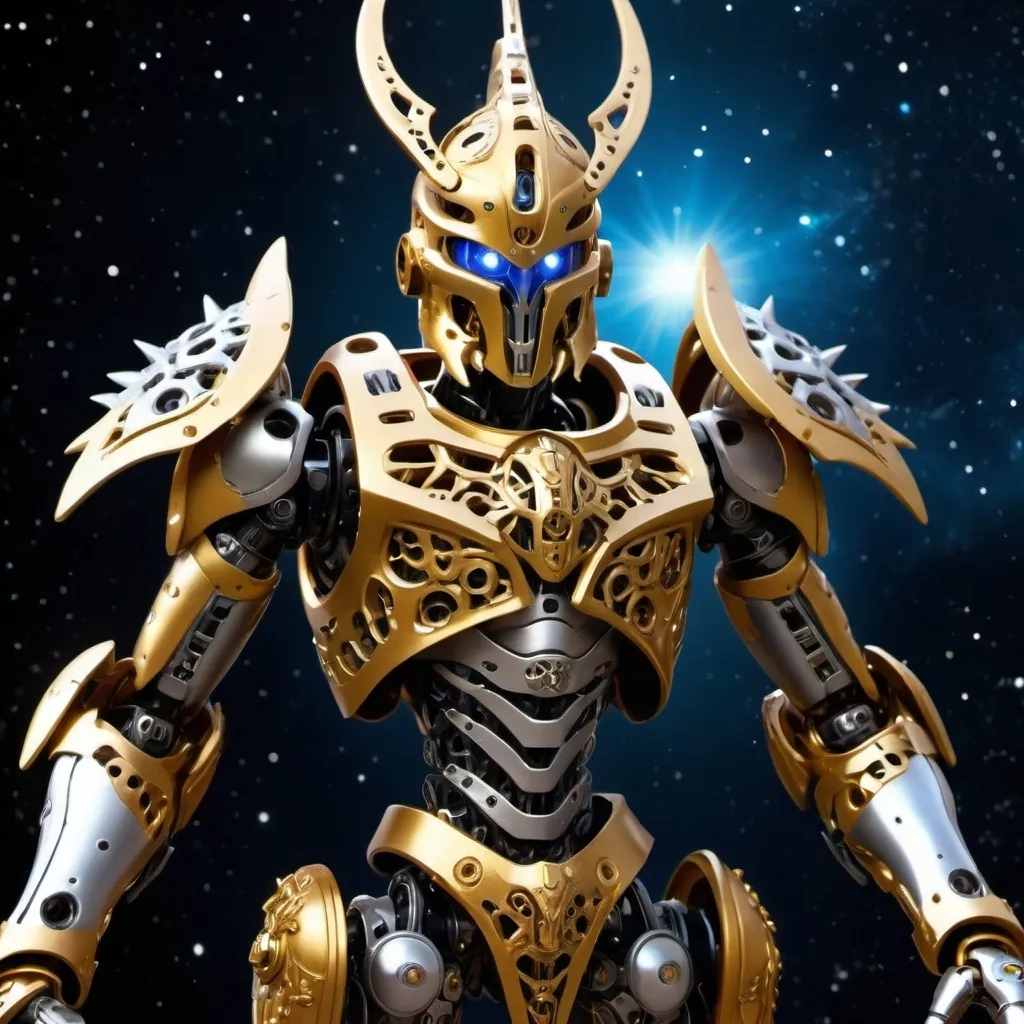 Prompt: Sci-fi Bionicle soldier with gothic design in gold and silver with a spiked crown 