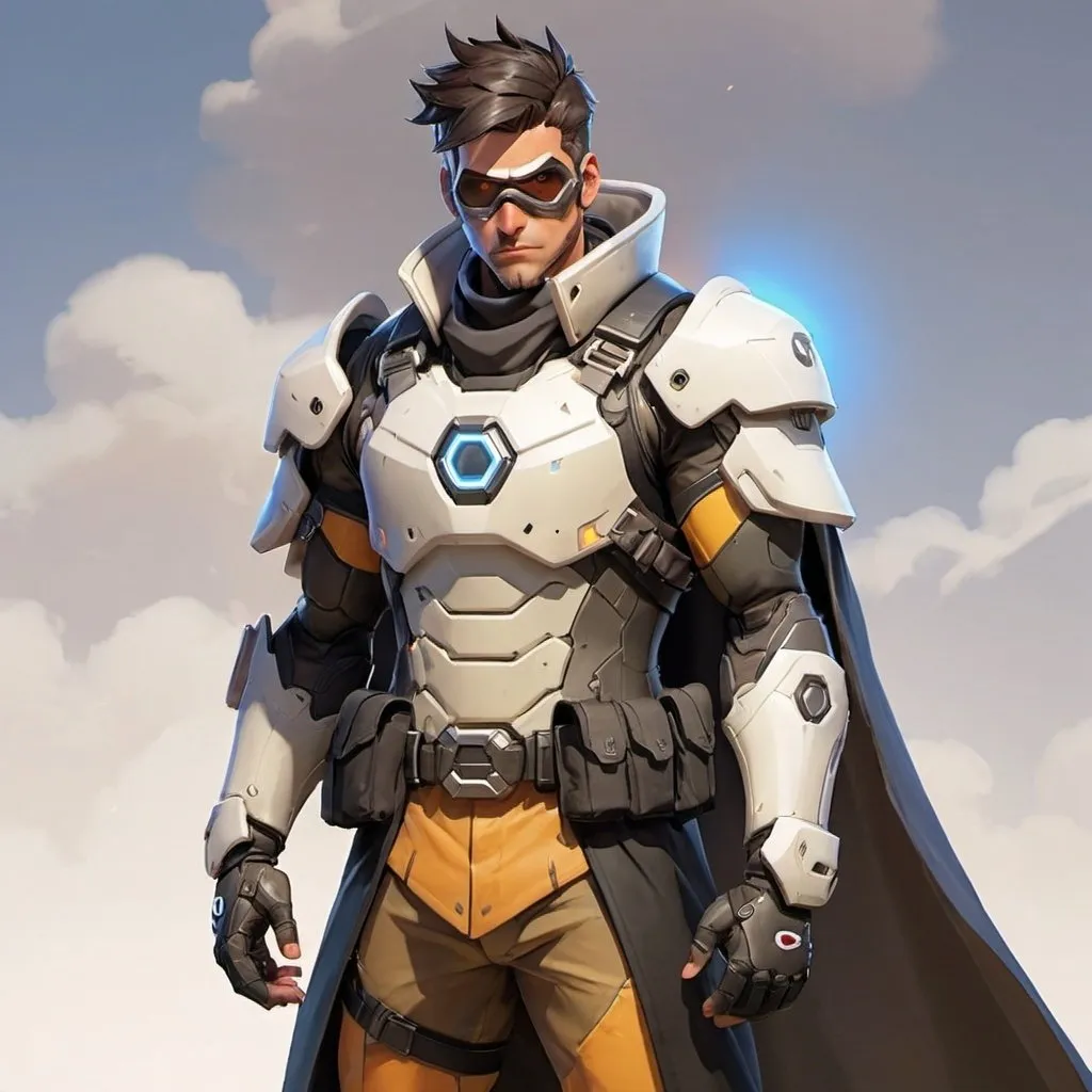 Prompt: Male overwatch soldier with Knight helmet in black and has a trench coat with a cape on the left shoulder 