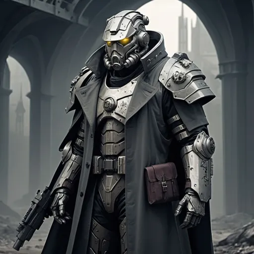 Prompt: Sci-fi soldier in power armor with a shoulder cape and trench coat with gothic design 