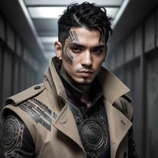 Prompt: Sci-fi male with black hair and pitch black eyes with tribal tattoo in armored trench coat 