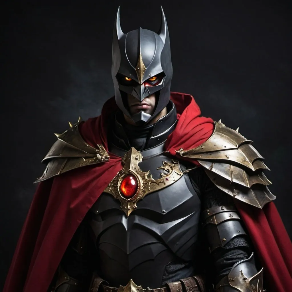 Prompt: Dark fantasy Knight with one gold eye and one red eye with shoulder cape 