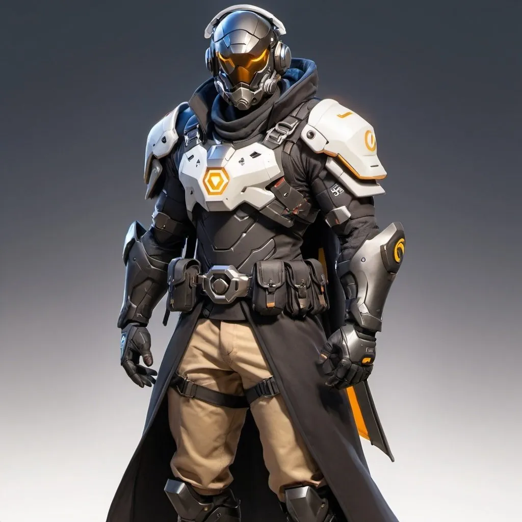 Prompt: Male overwatch soldier with Knight helmet in black and has a trench coat 