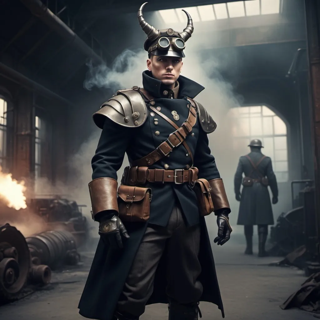 Prompt: Dieselpunk soldier with shoulder cape and horns