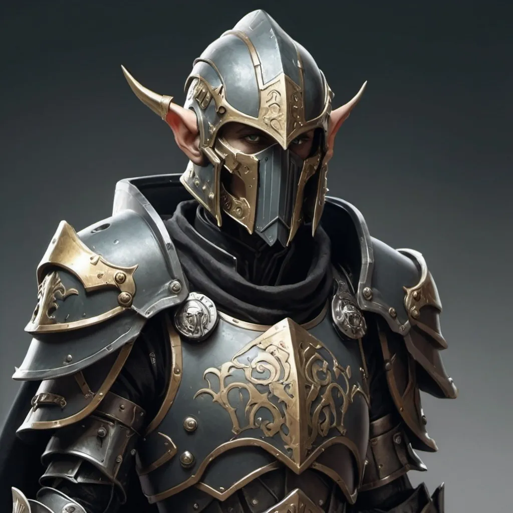 Prompt: Sci-fi male elf soldier that has norse and gothic design armor with a shoulder cape in Warhammer 40k power armor with knight helmet that has facemask 