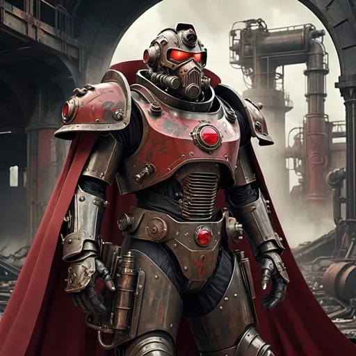 Prompt: Dieselpunk emperor with fallout power armor and a shoulder cape that is scarlet with a raven like helmet 