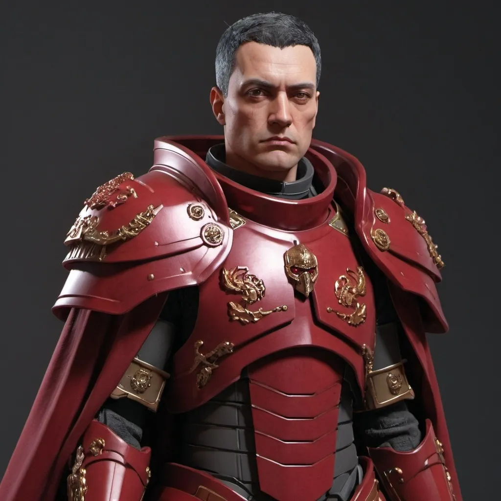 Prompt: Sci-fi male emperor with crimson shoulder cape and power armor 