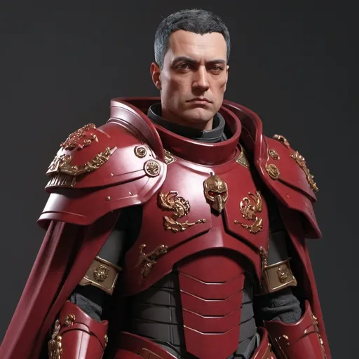 Prompt: Sci-fi male emperor with crimson shoulder cape and power armor 