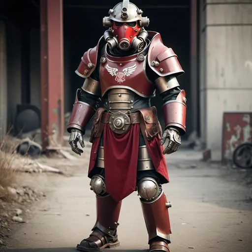 Prompt: Dieselpunk fallout power armor with roman design with a crimson hooded helmet 