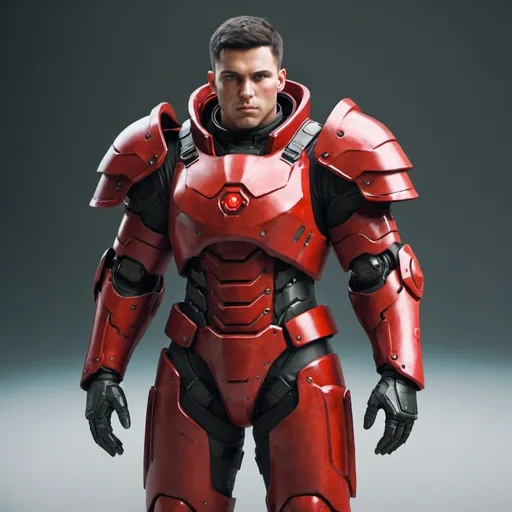 Prompt: Sci-fi male soldier with crimson shoulder cape and power armor 