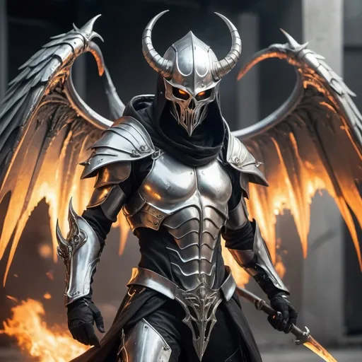 Prompt: Badass sci-fi elf soldier with horns and scythe in silver armor with hooded masked helmet and blazing wings of energy