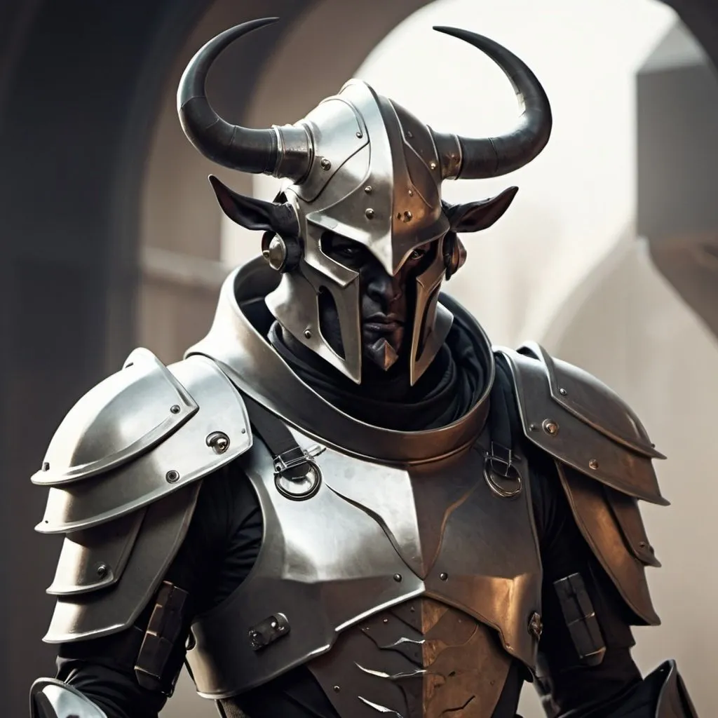 Prompt: Sci-fi soldier that has horns with shoulder cape and Knight helmet 