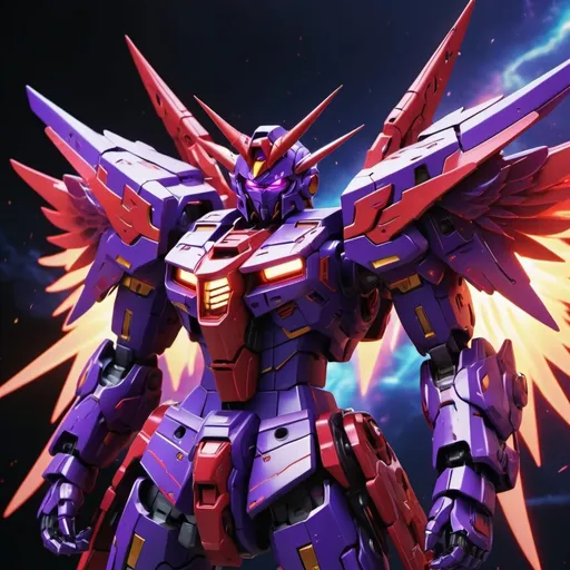 Prompt: Devil gundam mech with wings of red and purple energy blazing like the sun