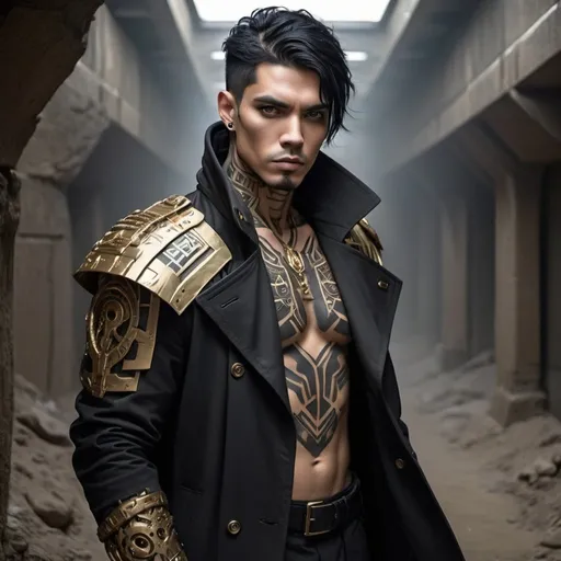 Prompt: Sci-fi male with black hair and gold eyes with tribal tattoo in armored trench coat 