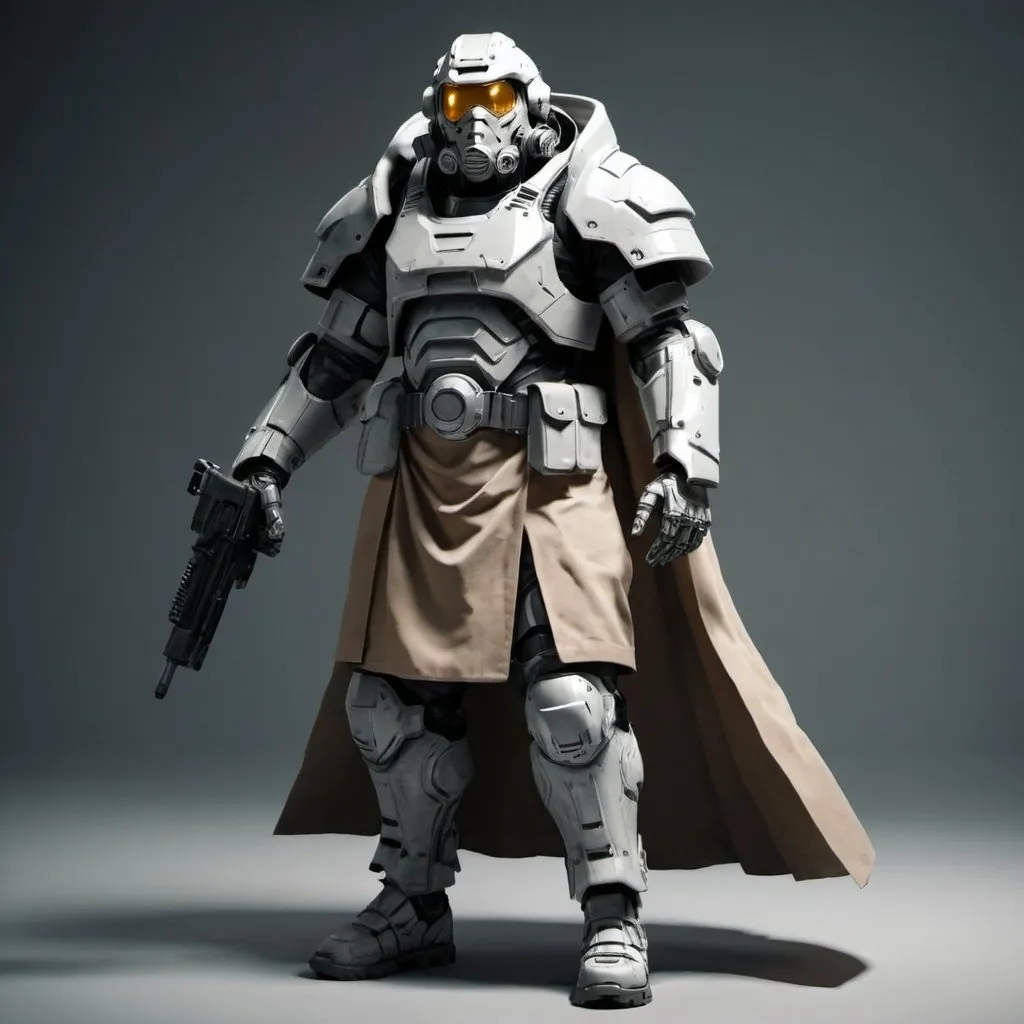 Prompt: Sci-fi soldier in power armor with a shoulder cape and trench coat 