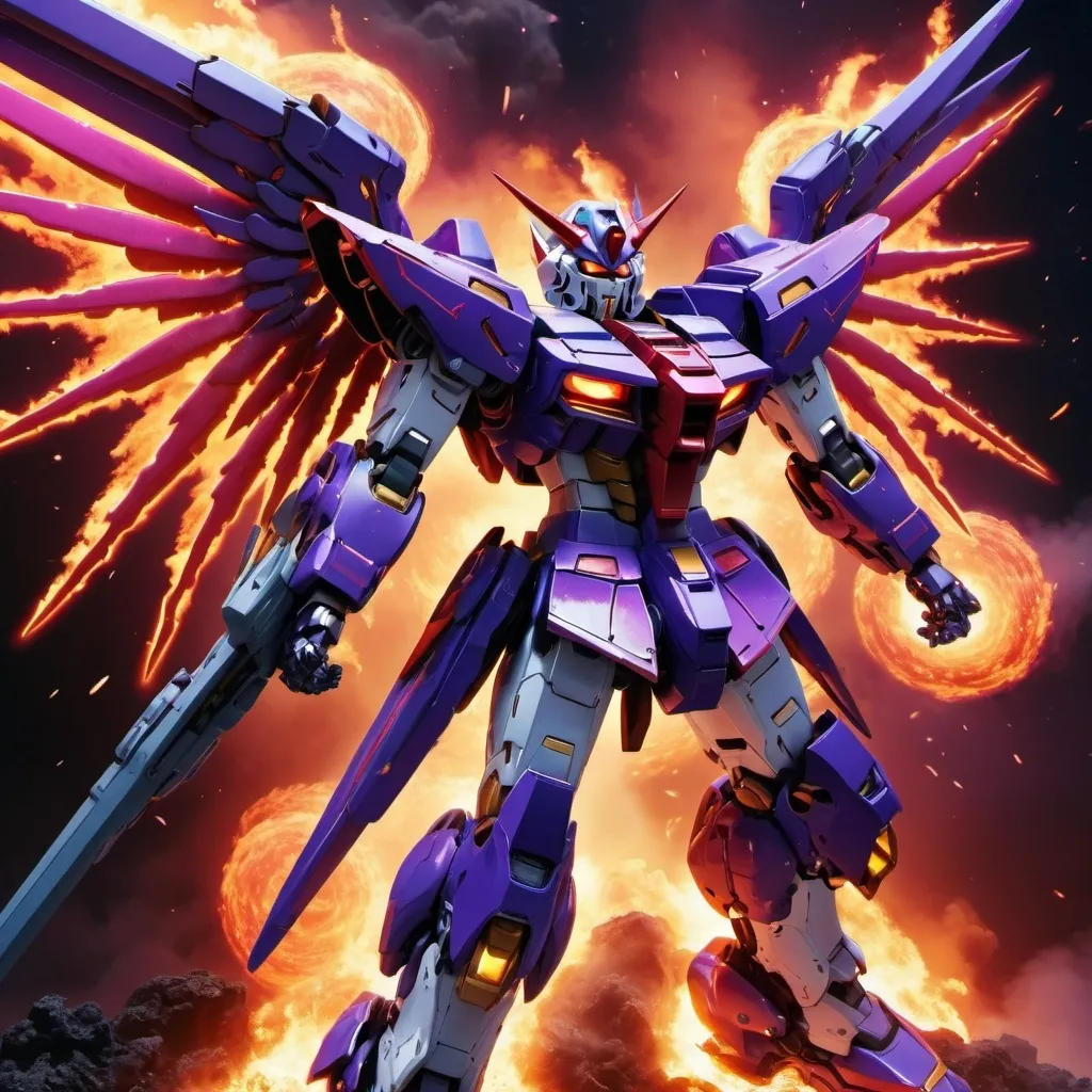 Prompt: Devil gundam mech with wings of red and purple energy blazing like the sun