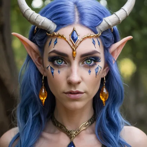 Prompt: Horned elf woman with sapphire hair and amber eyes 