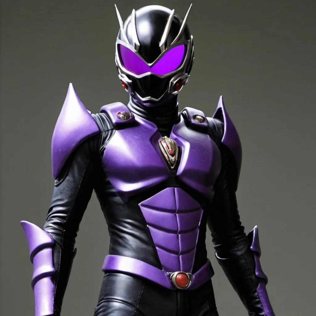 Prompt: Kamen rider entropy in black and purple 