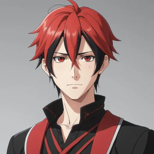 Prompt: Anime male protagonist with red and black hair