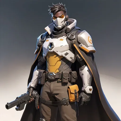 Prompt: Male overwatch soldier with Knight helmet in black and has a trench coat with a cape on the left shoulder 