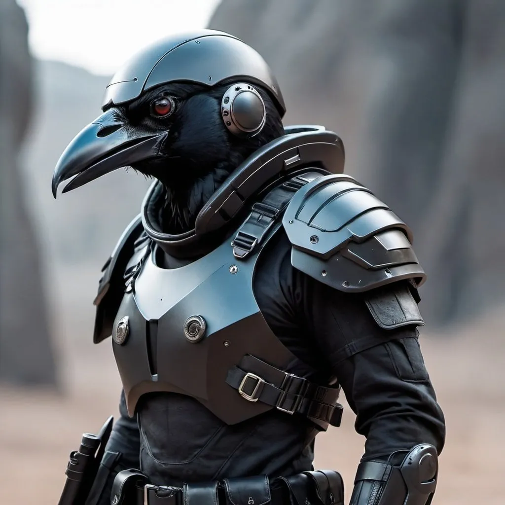 Prompt: Sci-fi soldier with raven helmet 