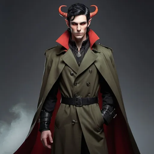 Prompt: Elf male with horns and black hair with red highlights, with a fine toned jawline and has a trench coat with a shoulder cape with gothic design that has fiery amber eyes 