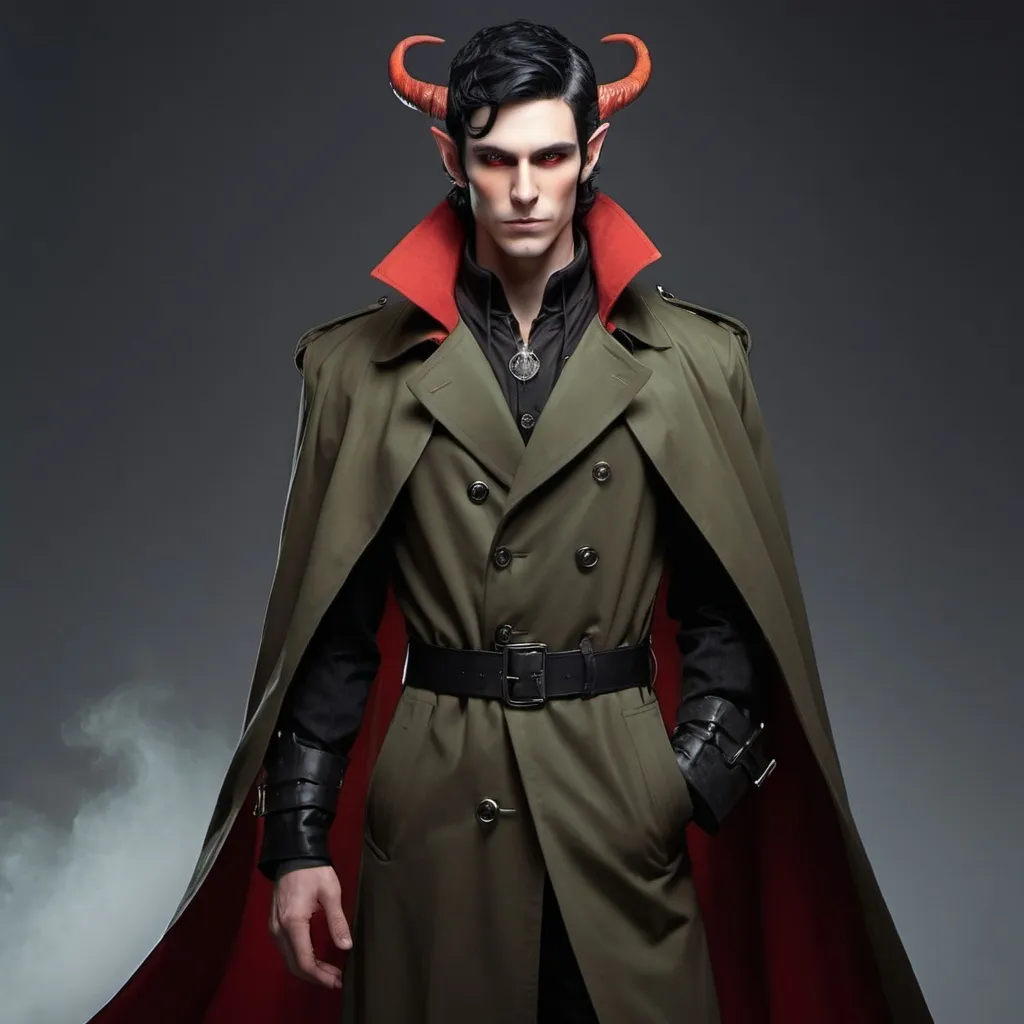 Prompt: Elf male with horns and black hair with red highlights, with a fine toned jawline and has a trench coat with a shoulder cape with gothic design that has fiery amber eyes 