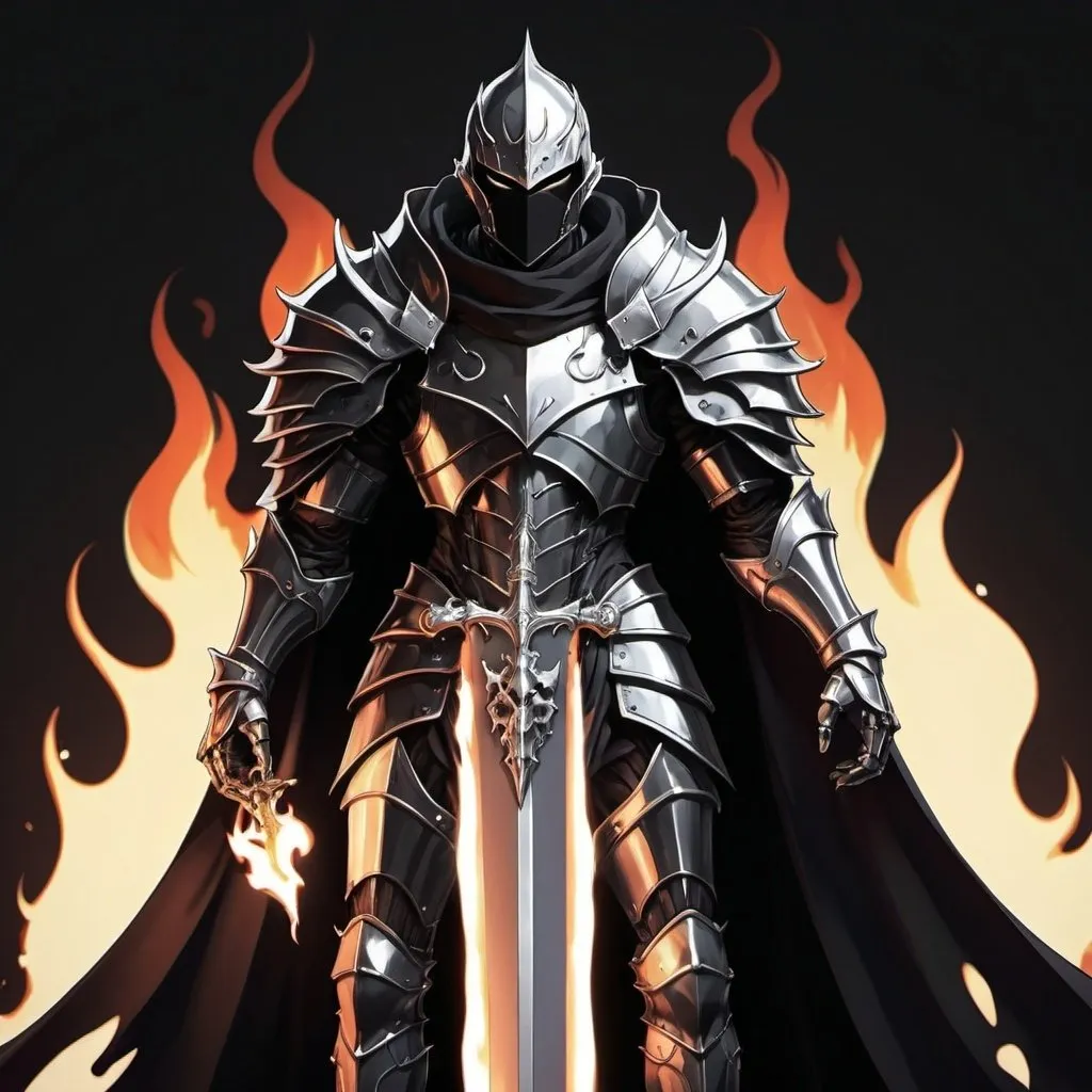 Prompt: Evil anime knight with black and white flame cape 