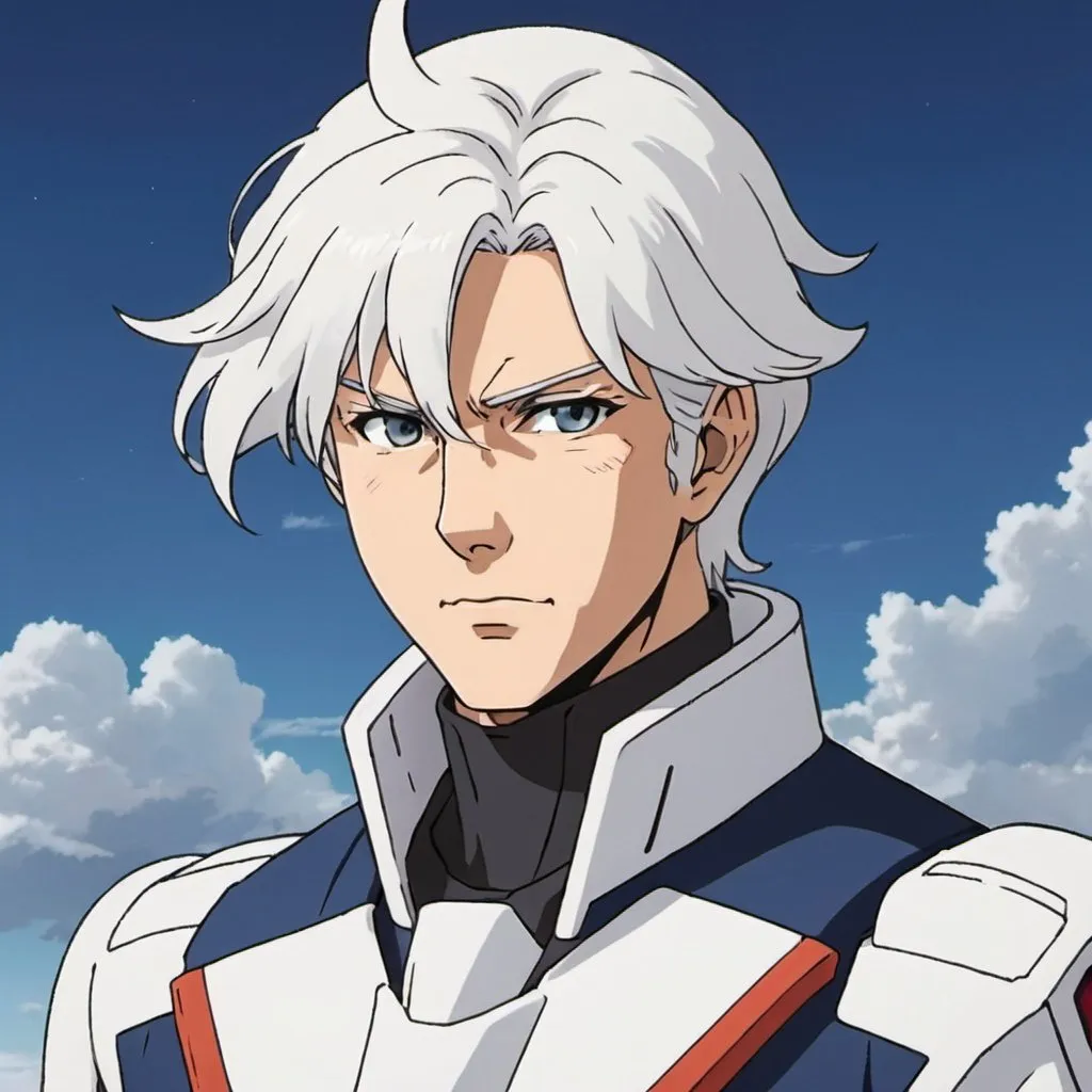Prompt: Male anime with white hair in pilot suit from gundam