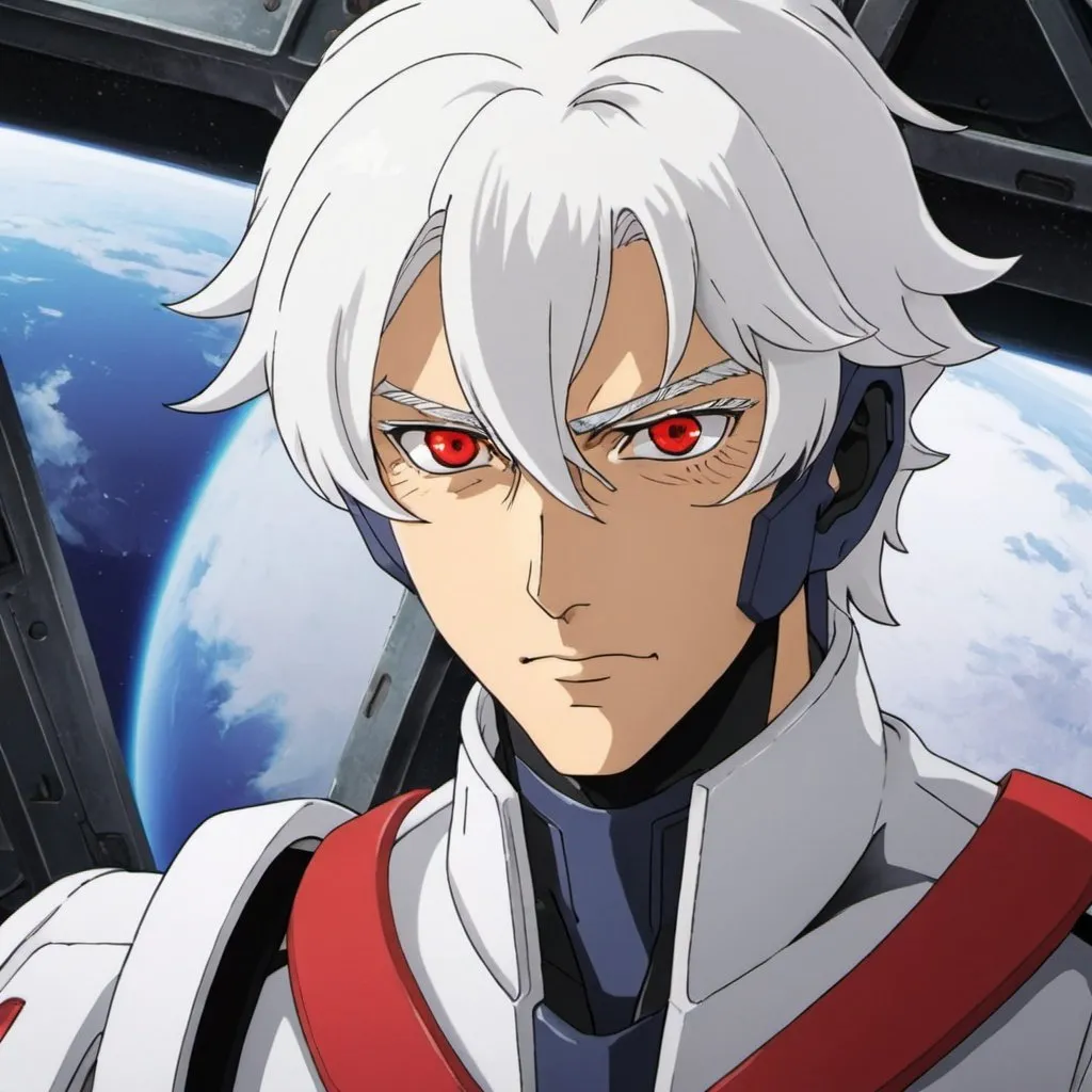 Prompt: Male anime with white hair in pilot suit from gundam with red eyes