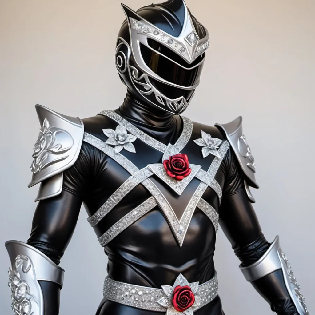 Prompt: Knight power ranger in black and silver with crystal roses 