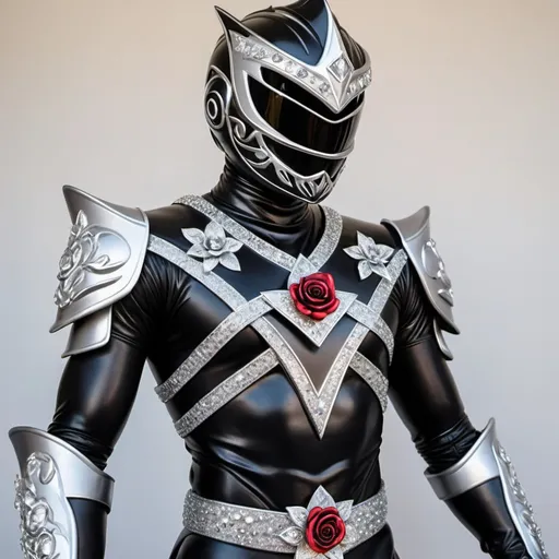 Prompt: Knight power ranger in black and silver with crystal roses 