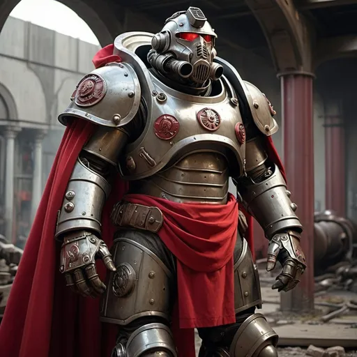 Prompt: Dieselpunk bulky fallout power armor with roman design with a crimson shoulder cape and crimson hooded helmet 