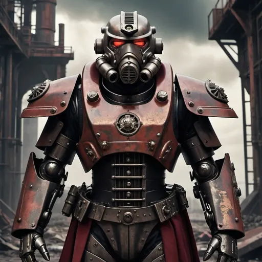 Prompt: Dieselpunk fallout power armor with gothic design and shoulder cape 