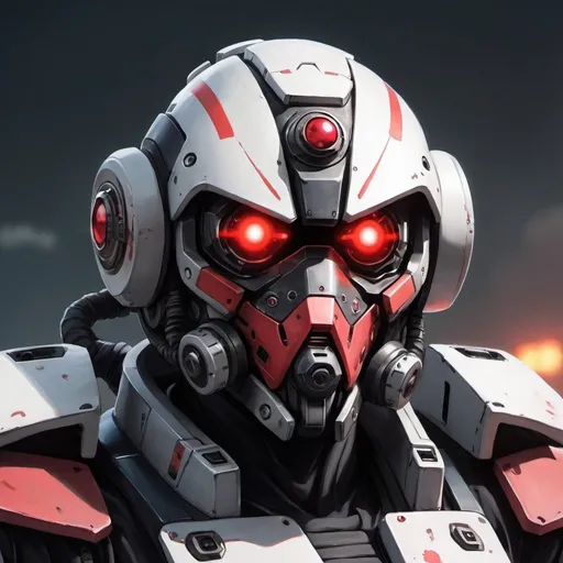 Prompt: Anime masked mech pilot with red eyes 