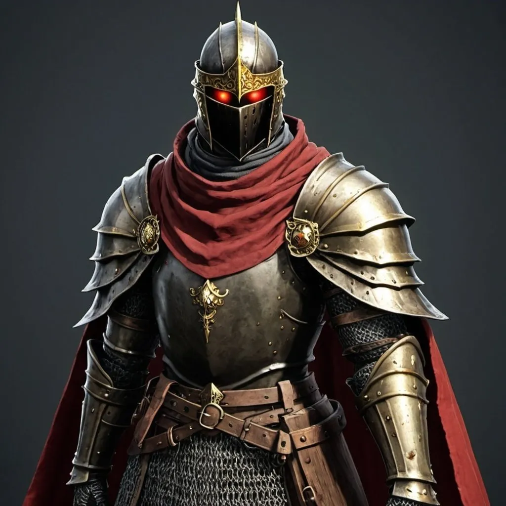 Prompt: Dark souls Knight with one gold eye and one red eye with shoulder cape 